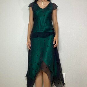 Y2K SILK GREEN AND BLACK FAIRY MIDI DRESS